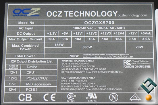 The OCZ 700W GameXStream PSU Label