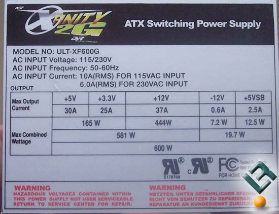 Ultra X-Finity 600W Power Supply Label