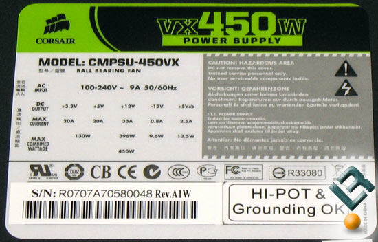 Corsair VX450W 450 Watt Power Supply Ratings