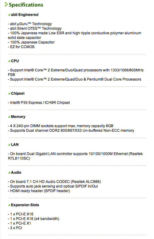 abit IP35 Pro Motherboard Specifications