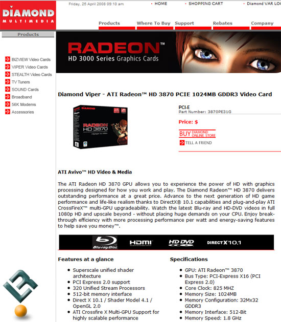 Diamond Radeon HD 3870 1GB GPUs Don’t Have 512-bit Memory Interfaces
