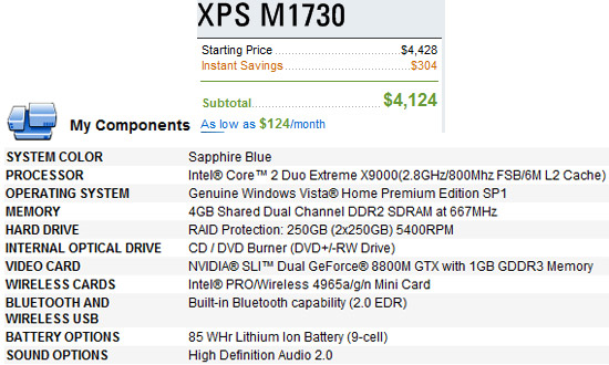 Dell XPS M1730 with the Intel Core 2 Extreme Mobile X9000 Processor