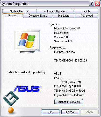 Asus EEE PC 1000HA Specs