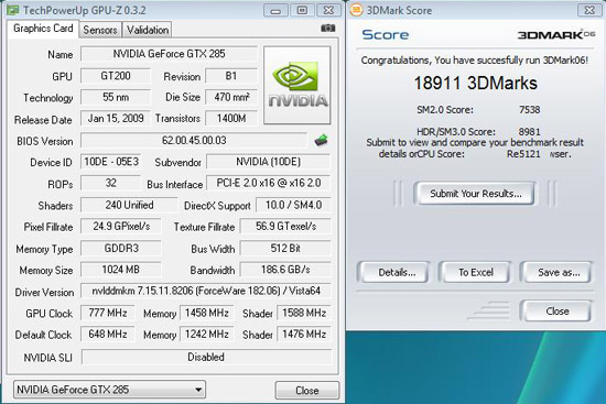 PNY GTX285 System OC 18911 3DMark 2006