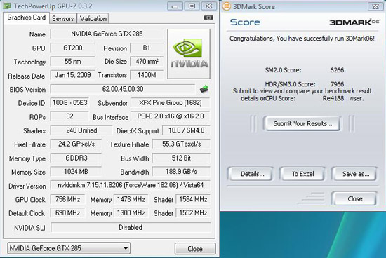 XFX GTX 285 GPU Overclock 16102 3DMark 2006