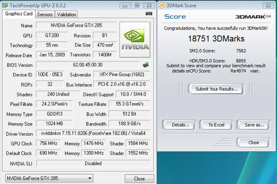 XFX GTX 285 GPU and CPU Overclock 18751 3DMark 2006