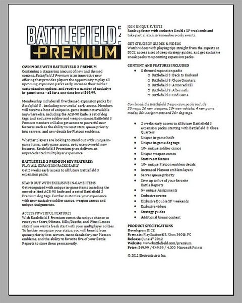 Battlefield 3 Premium Details Leak: Service Launches June 4