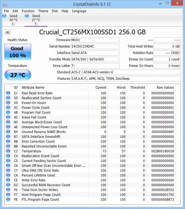 Crucial MX100 256GB CrystalDiskInfo