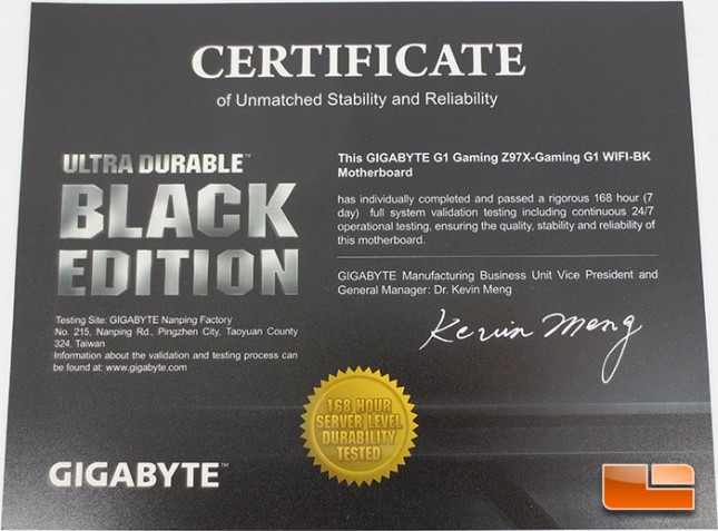 GIGABYTE Z97X-Gaming G1 WiFi-BK Certificate of Unmatched Stability and Reliability