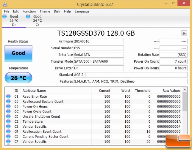 Transcend SSC370 128GB CrystalDiskInfo