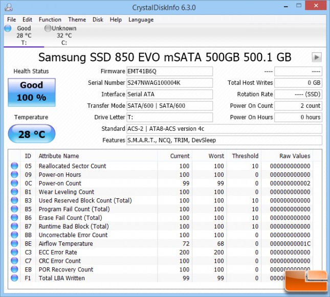 Samsung EVO 850 mSATA CrystalDiskInfo