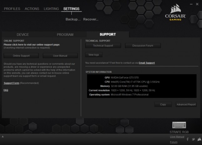 10 - Corsair Strafe RGB - Settings - Support