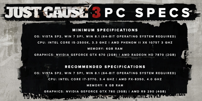 just cause 3 minimum specs