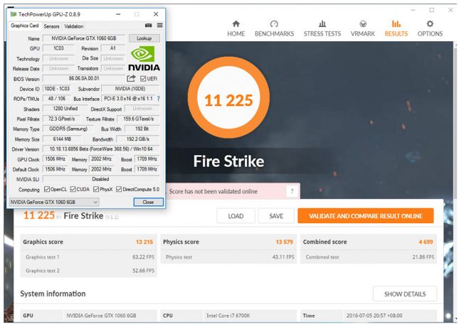 GeForce GTX 1060 GPU-Z and 3DMark Fire Strike