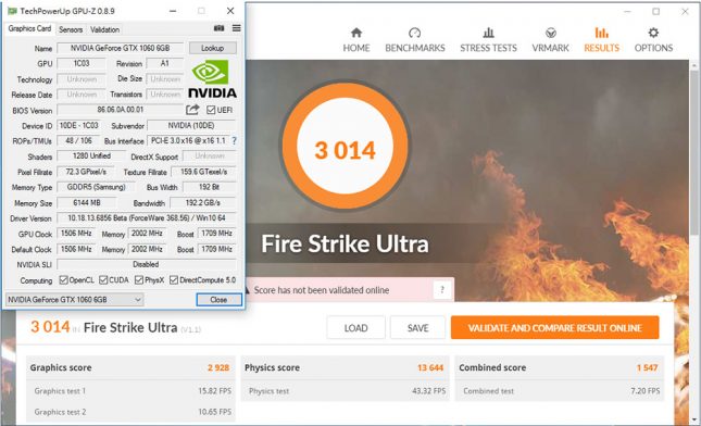 GeForce GTX 1060 6GB - 3DMark Fire Strike Ultra Results
