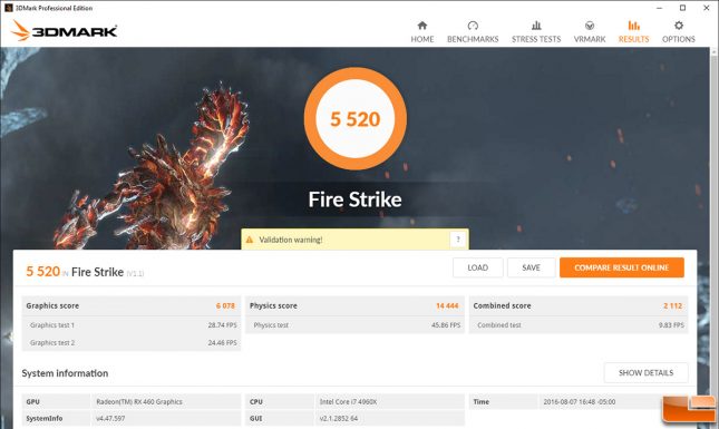 Radeon RX 460 3DMark Fire Strike Overclocked