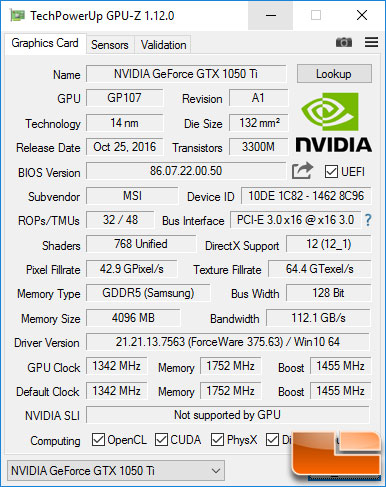 MSI GeForce GTX 1050 Ti 4GB GPU-Z Info