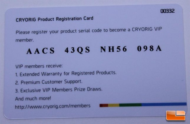 Cryorig A40 Registration Card