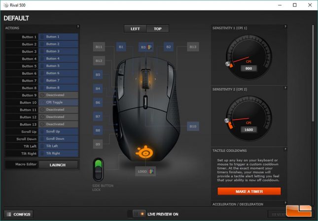 SteelSeries Engine 3 Rival 500 configuration screen