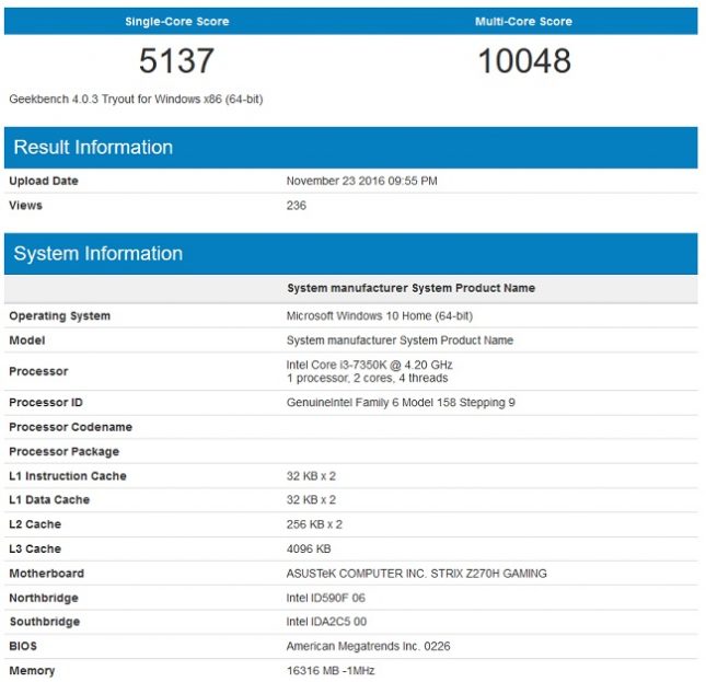 Intel Core i3-7350K processor Geekbench
