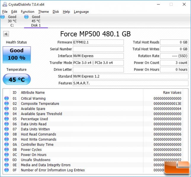 Corsair Force MP500 CrystalDiskInfo