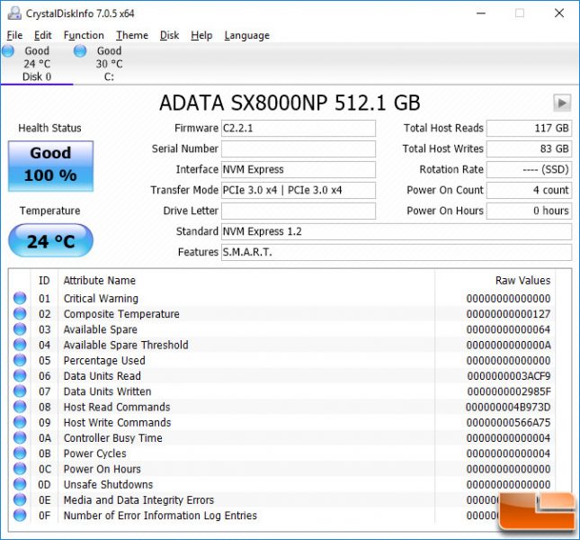 ADATA XPG SX8000 PCIe CrystalDiskInfo