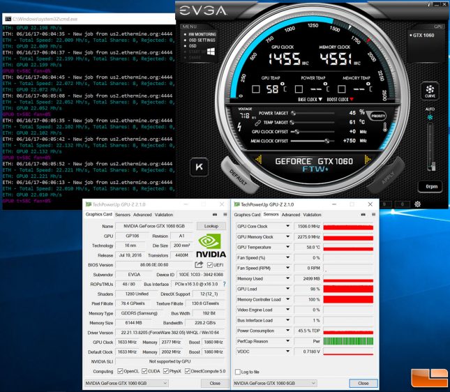 EVGA GeForce GTX 1060 Ethereum Mining With No Fans