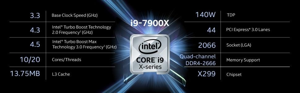 Intel Core i9-7900X X-Series Processor 10 Cores up to 4.3 GHz Turbo  Unlocked LGA2066 X299 Series 140W