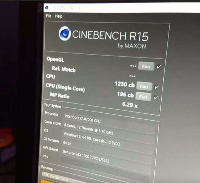 Intel Core i7-8700K Cinebench R15 Score