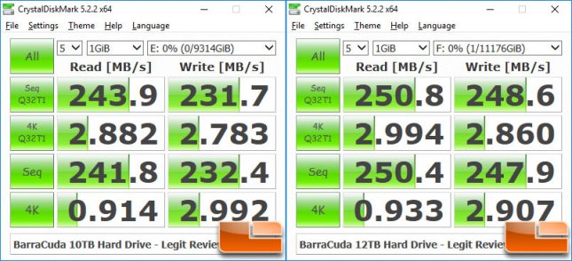 Seagate BarraCuda Pro 12TB versus 10TB CrystaDiskMark