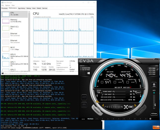 GeForce GTX 1060 Mining on Claymore Overclocked Memory