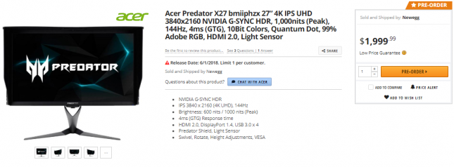 Acer Predator X27 4K IPS UHD Display