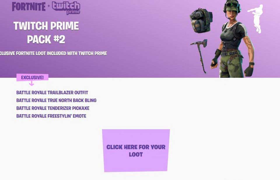 Fortnite - Redeem Twitch Prime Pack #2 and get exclusive loot! Claim the  exclusive Trailblazer Outfit, True North Back Bling, Tenderizer Pickaxe and  Freestylin' Emote… Now free for Twitch Prime subs