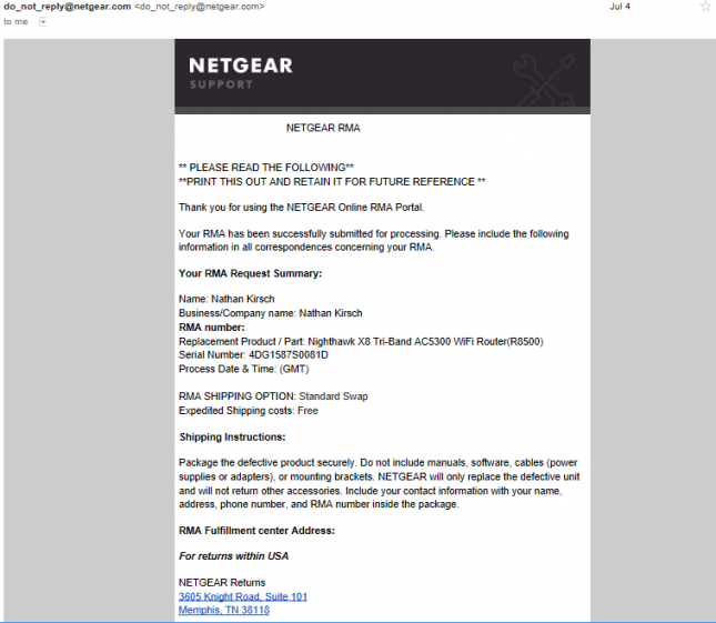 Netgear RMA Approved