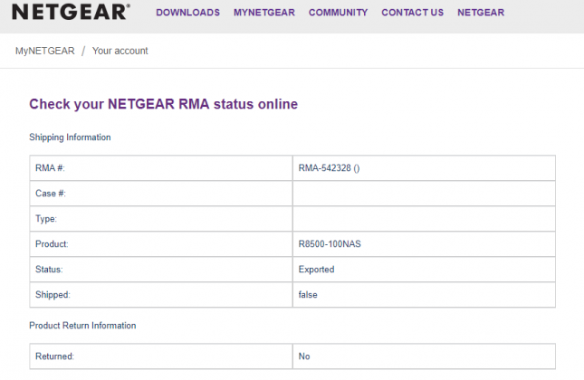 Netgear RMA Status Check