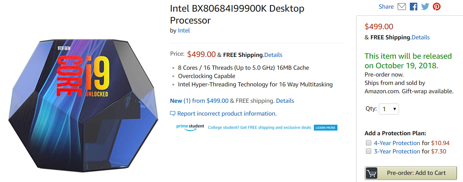 Pre-Order The 9th Gen Intel Core i9-9900K CPU On Amazon For