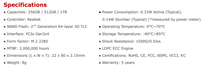 XPG SX6000 PRO Series Specs