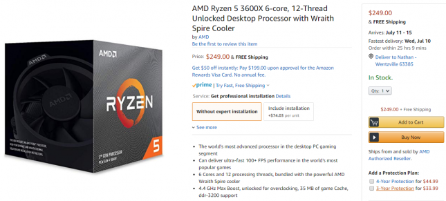 Ryzen 5 3600X Pricing on Amazon
