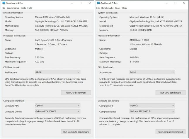 Geekbench 4 versus Geekbench 5