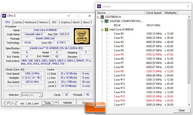 Intel Core i9-10980XE CPU-Z Clocks