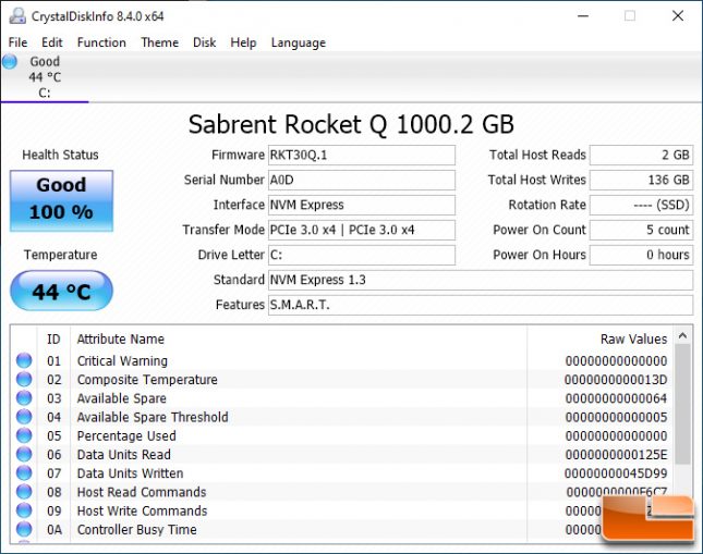 Sabrent Rocket Q CrystalDiskInfo