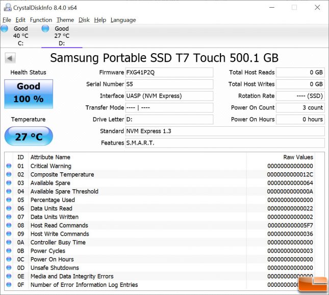 Samsung Portable SSD T7 Touch CrystalDiskInfo