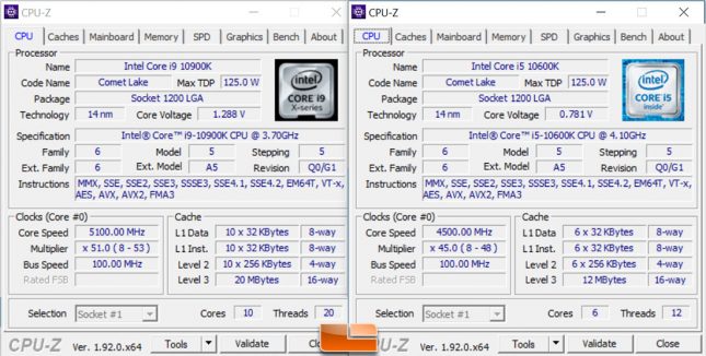 Intel 10900K 10600K CPU-Z