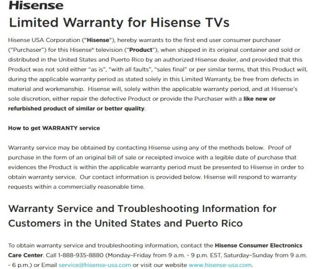 Hisense TV Warranty