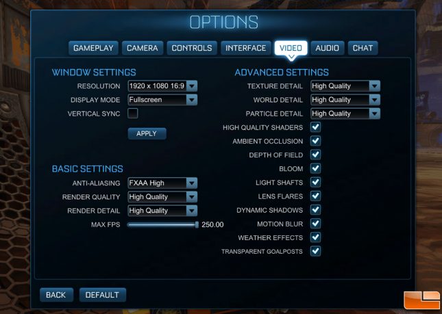 Rocket League 1080P Game Settings