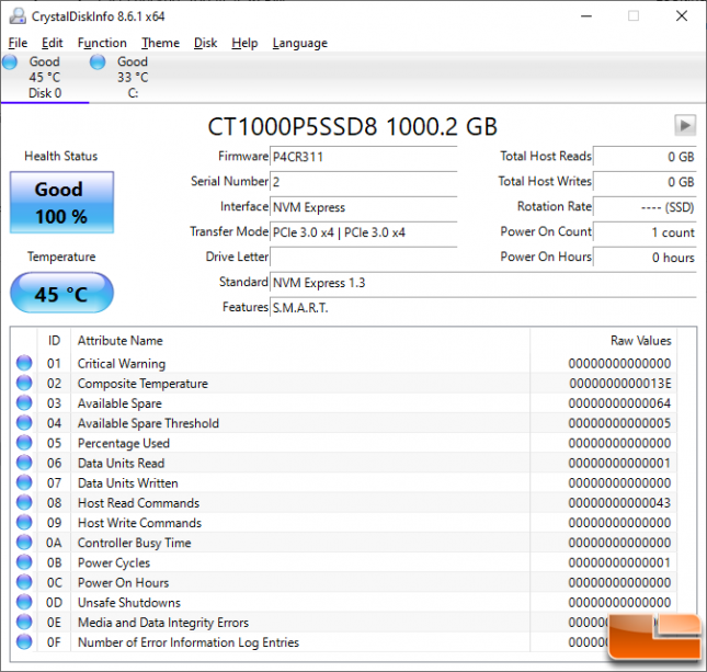 Crucial P5 SSD CrystalDiskInfo