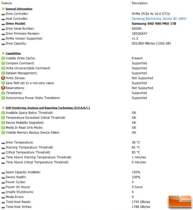 Samsung SSD 980 Pro General Drive Information