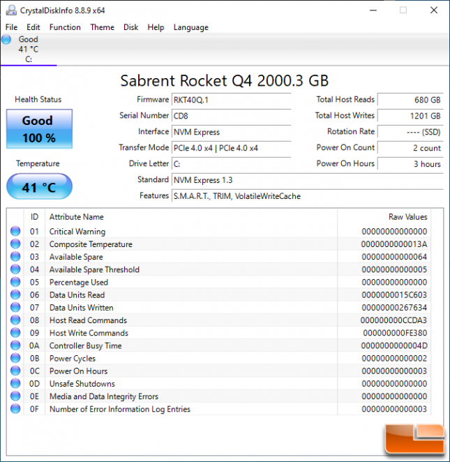 CrystalDiskInfo Sabrent Rocket Q4