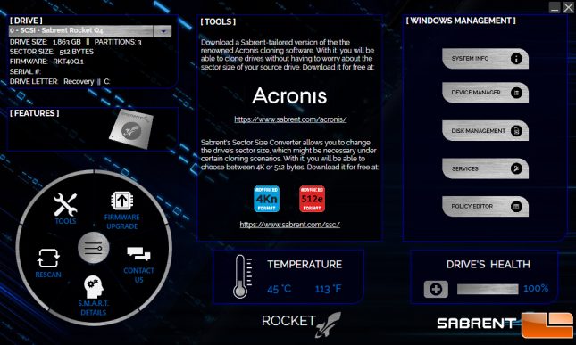 Sabrent Drive Software Toolbox SSD Panel