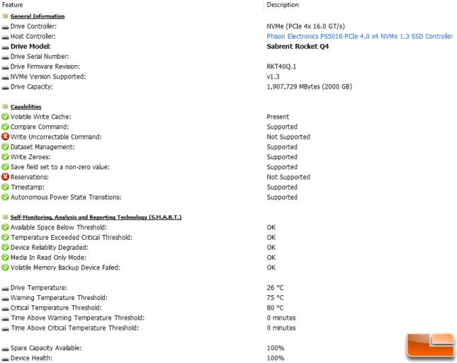 Sabrent Rocket Q4 Drive Properties